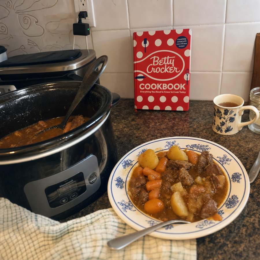 Betty Crocker lifestyle illustration: slow cooker meal