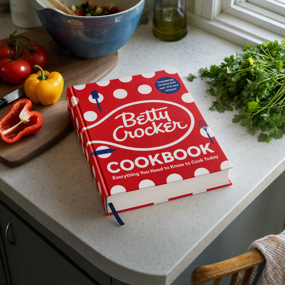 Betty Crocker Cookbook beside fresh ingredients