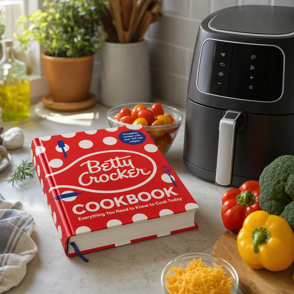 Betty Crocker Cookbook beside an air fryer