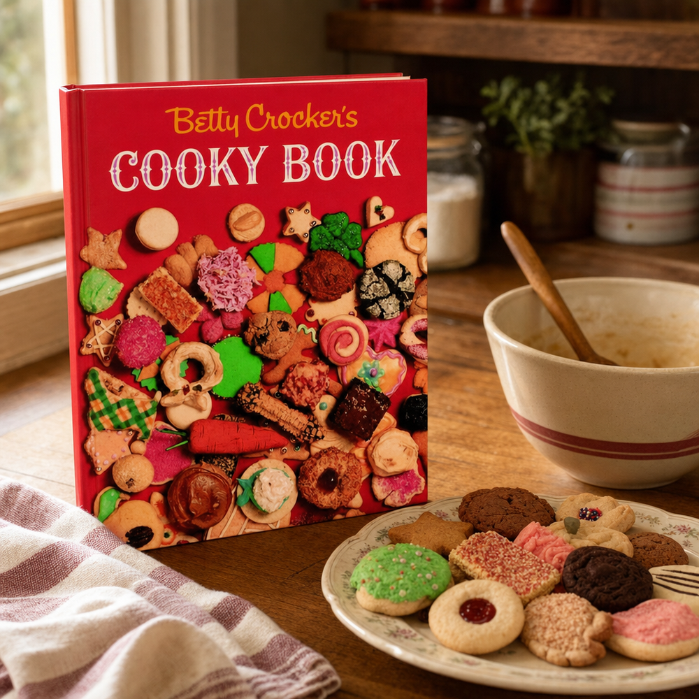 Betty Crocker's Cooky Book beside homemade cookies