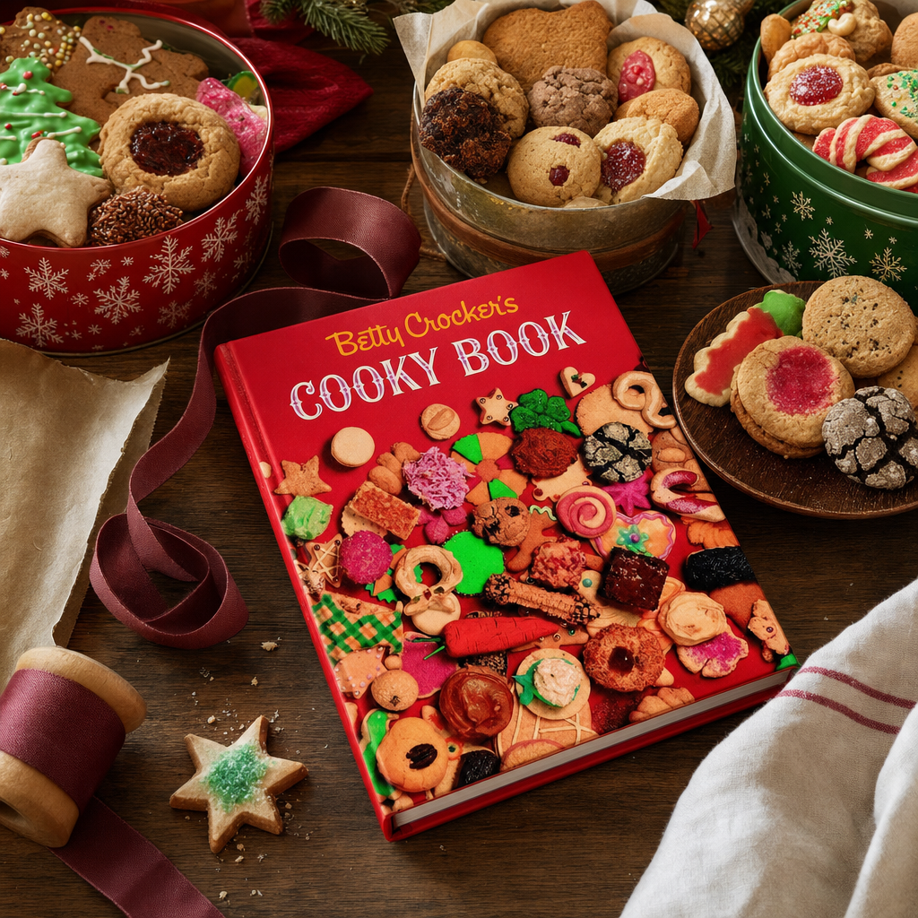Cooky Book and holiday cookies prepared for sharing