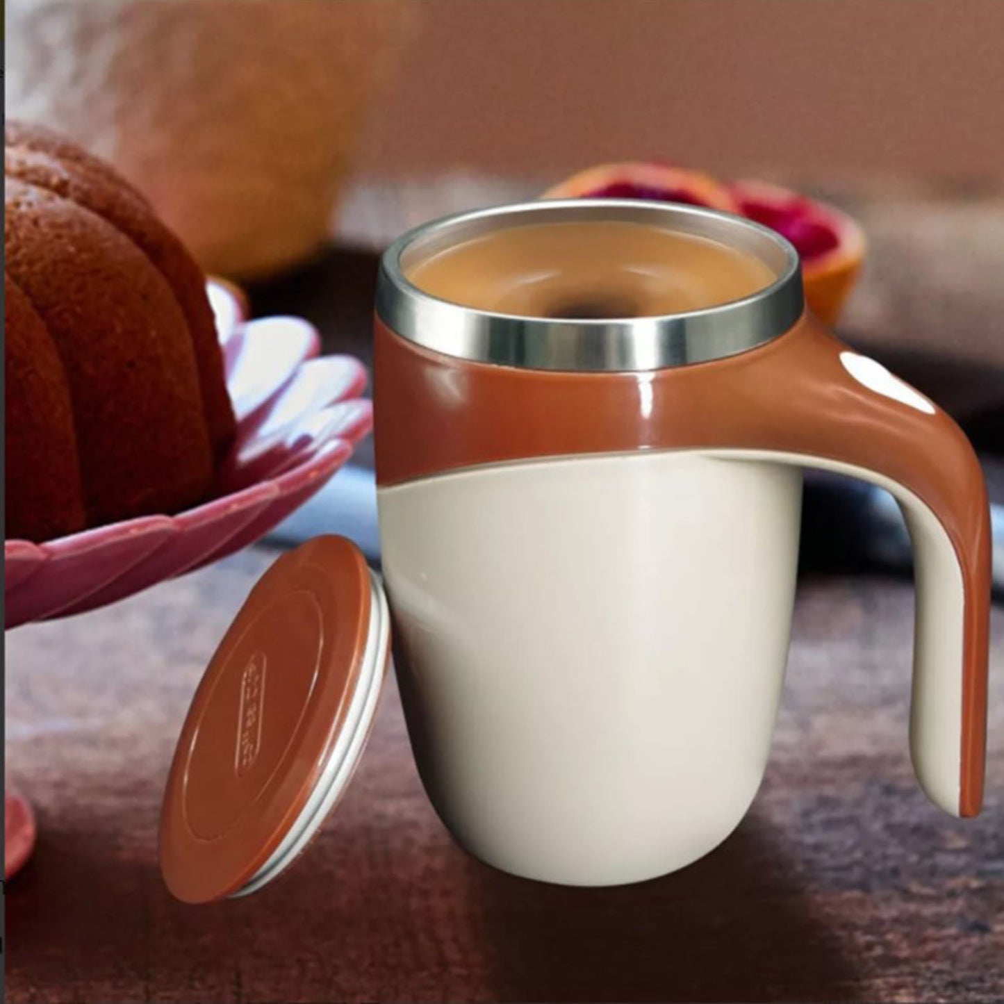Self Stirring Mug 304 Stainless Steel Automatic Magnetic Stirring Coffee Mug with Lid for Home Office Travel 380ML Brown