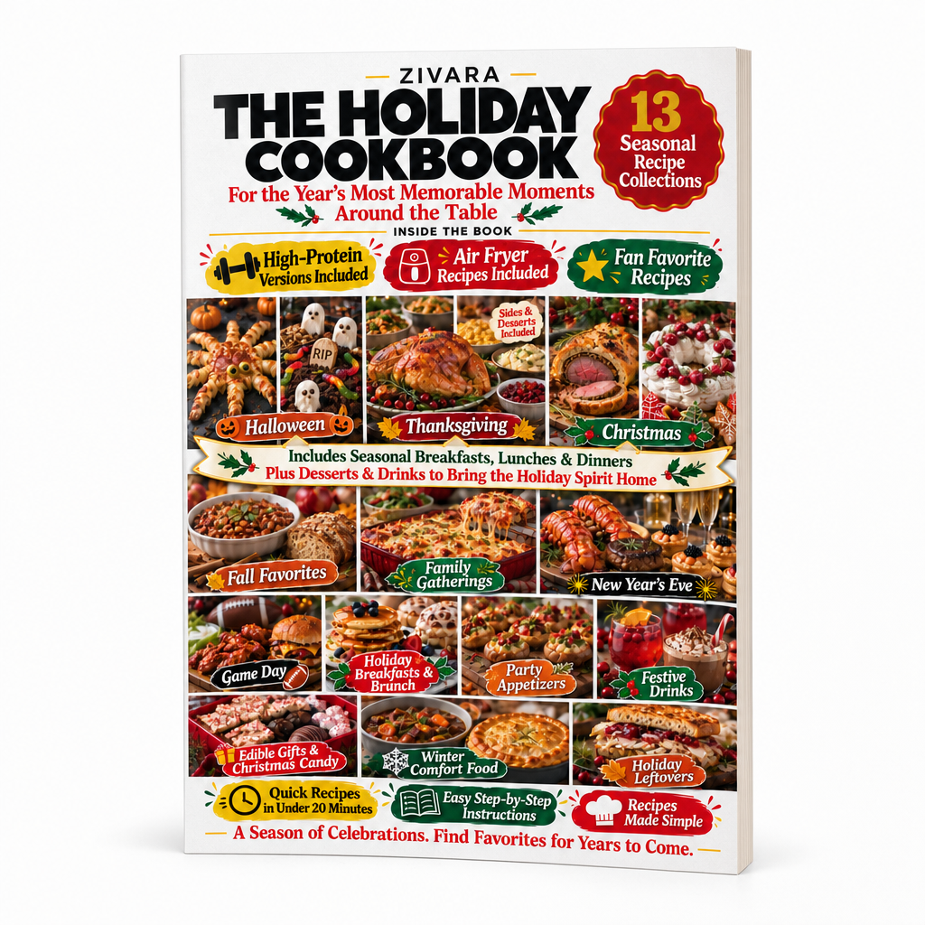 Zivara The Holiday Cookbook paperback on white