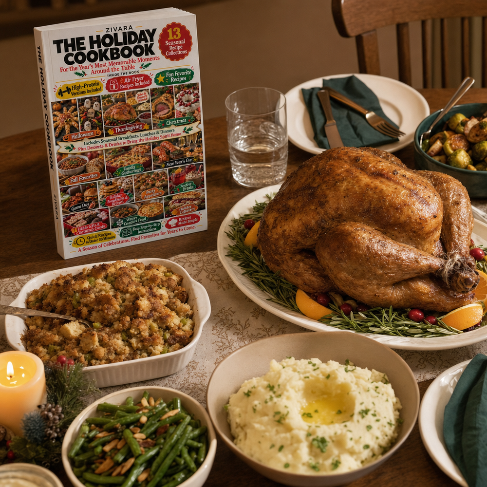 Zivara The Holiday Cookbook beside a festive dinner, lifestyle illustration